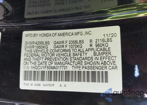 2021 Honda Accord Ex-L from USA, damaged, VIN 1HGCV1F50MA017731